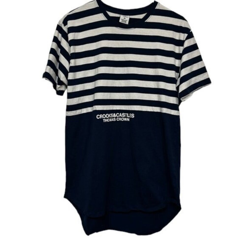 Men's Crooks & Castle Navy Blue White Stripe Pullover Crewneck Shirt Size Medium